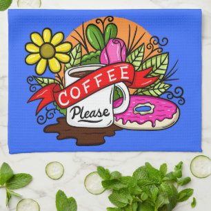Colourful Tattoo Coffee and Doughnut Kitchen Towel