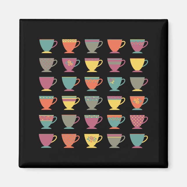 Colourful tea cups, hot drink, winter mugs magnet (Front)