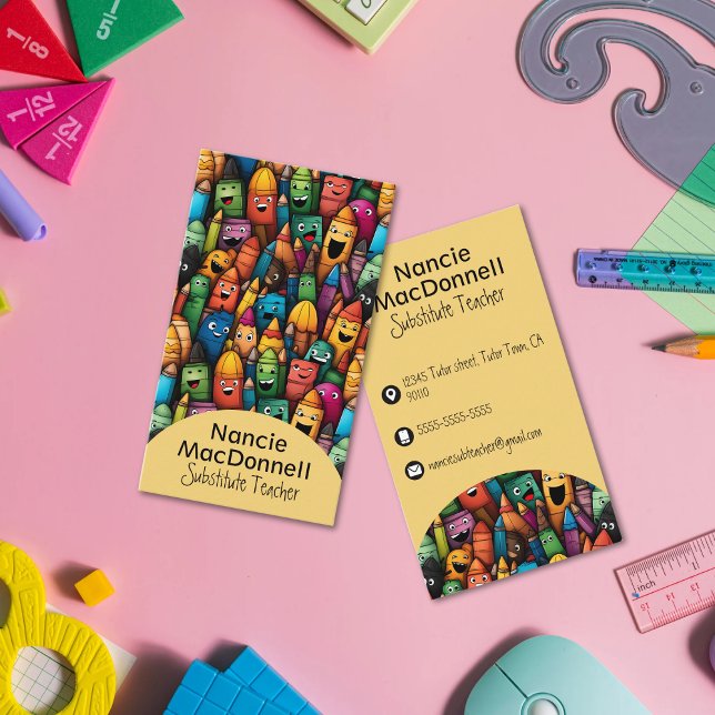 Colourful Teacher Education Cartoon Pen Pattern Business Card (Colorful Teacher Education Cartoon Pen Pattern Business Card)