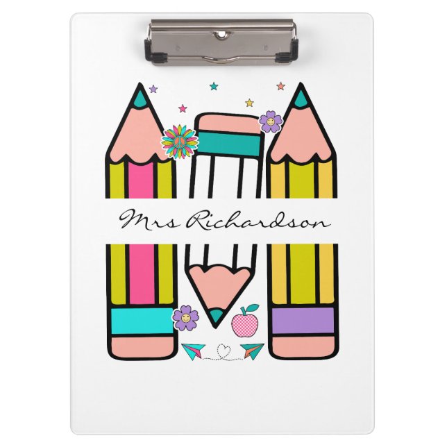 Colourful teacher name pencil cartoon  clipboard (Front)