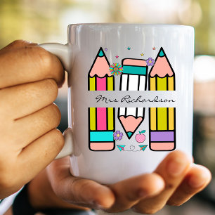 Colourful teacher name pencil cartoon coffee mug