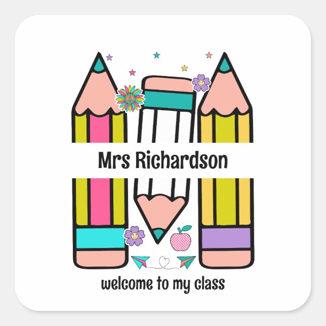 Colourful teacher name pencil cartoon Sticker (Front)
