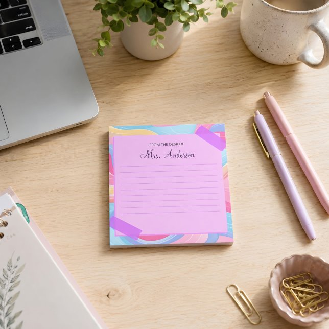 Colourful Teacher Name Rainbow Pastel Waves Notepad (Beautiful notepad. )