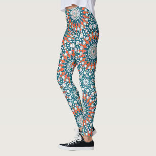 Colourful Teal and Coral Mandala Print Leggings