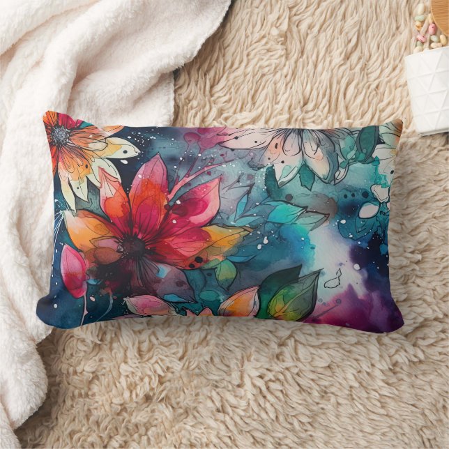 Colourful Teal Orange Watercolor Flowers Lumbar Pillow (Blanket)