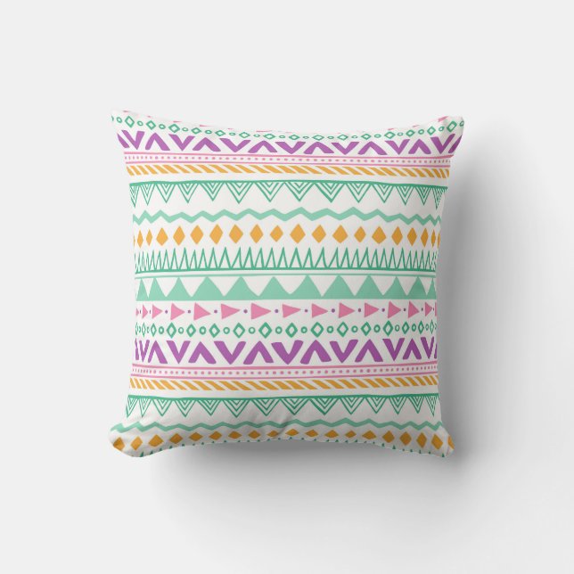 Colourful Teal Yellow Pink Purple Boho Tribal Throw Pillow (Front)