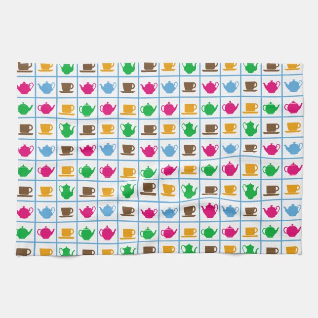 Colourful teapots pattern kitchen towel (Horizontal)