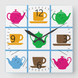 Colourful teapots pattern square wall clock