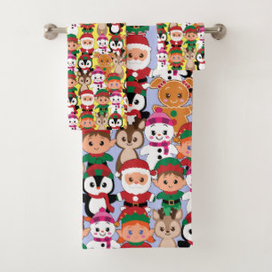 Colourful Teddy Christmas with Many Professions   Bath Towel Set