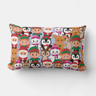 Colourful Teddy Christmas with Many Professions  Lumbar Pillow