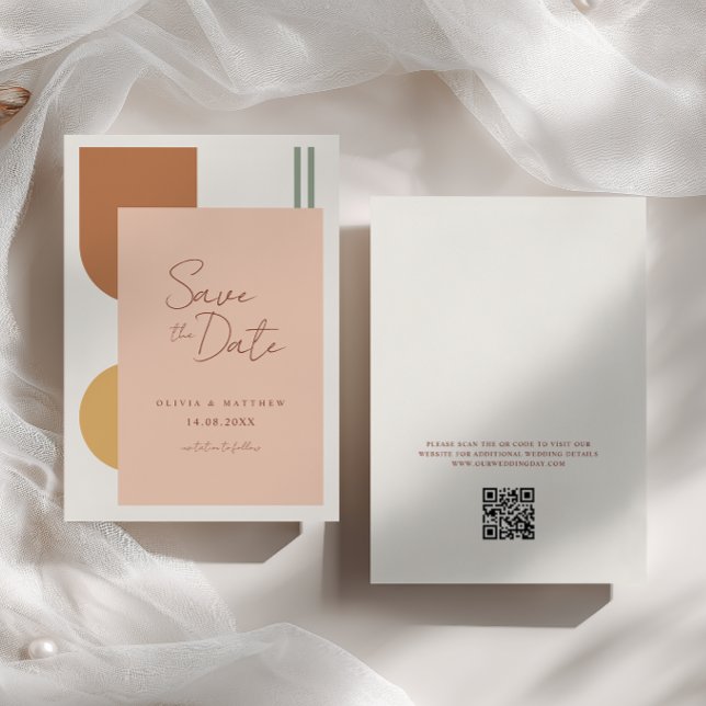 Colourful Terracotta Arches Boho Wedding QR Code Save The Date (Creator Uploaded)