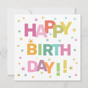Colourful Text Confetti and Stars Happy Birthday Card