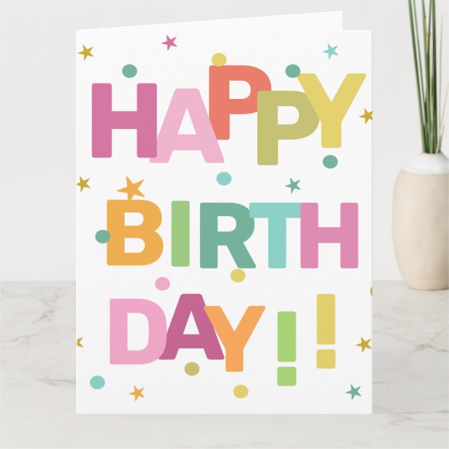 Colourful Text Confetti and Stars Happy Birthday   Card (Front)