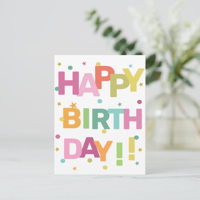 Colourful Text Confetti and Stars Happy Birthday   Postcard (Standing Front)