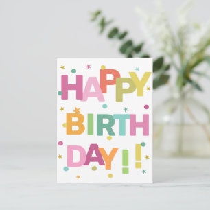 Colourful Text Confetti and Stars Happy Birthday   Postcard