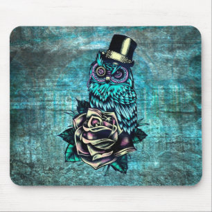 Colourful textured owl illustration on teal base. mouse pad