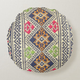 Colourful Thailand style rug surface close up vint Round Pillow
