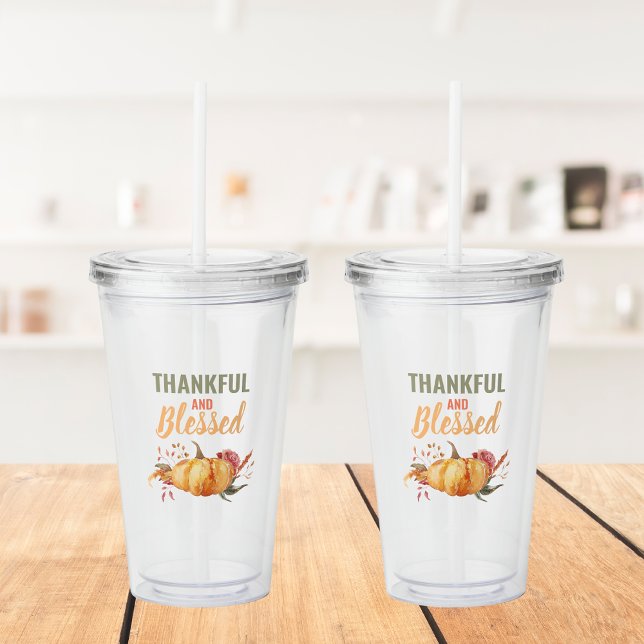 Colourful Thankful And Blessed With Pumpkin Gift Acrylic Tumbler (Creator Uploaded)