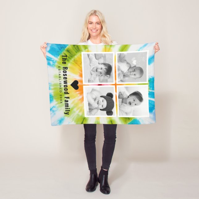 Colourful Tie Dye Family Photo Collage Personalize Fleece Blanket (In Situ)