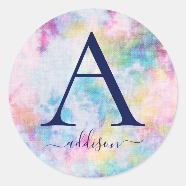 Colourful Tie Dye Girl's Monogram Personalized Classic Round Sticker (Front)