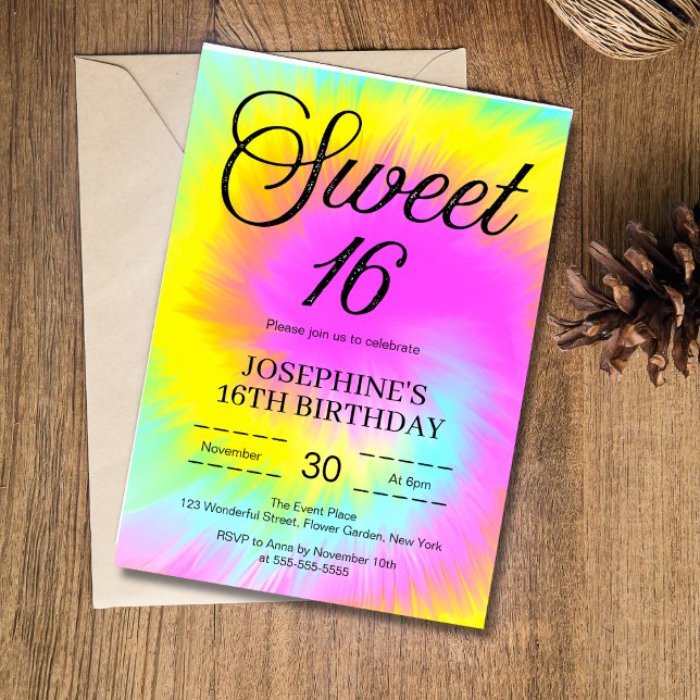 Colourful Tie Dye Pastel Boho 16th Birthday Invitation (Creator Uploaded)