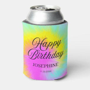 Colourful Tie Dye Pastel Rainbow Happy Birthday Can Cooler