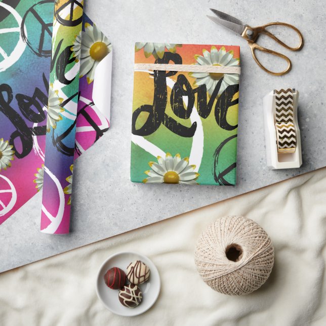 Colourful Tie-Dye PEACE Symbol LOVE Daisy Hippie Wrapping Paper (Crafts)