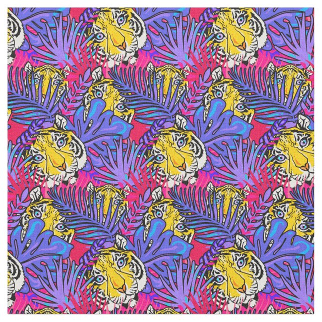 Colourful Tiger Jungle Pattern Fabric (Close Up)