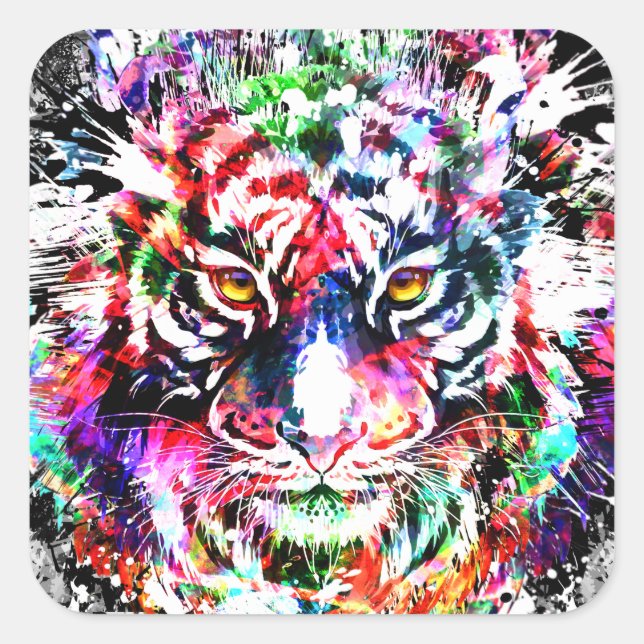 Colourful Tiger Sticker Square - Wildlife Big Cat  (Front)