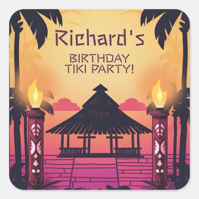 Colourful Tiki Hawaiian Birthday Party Square Sticker (Front)