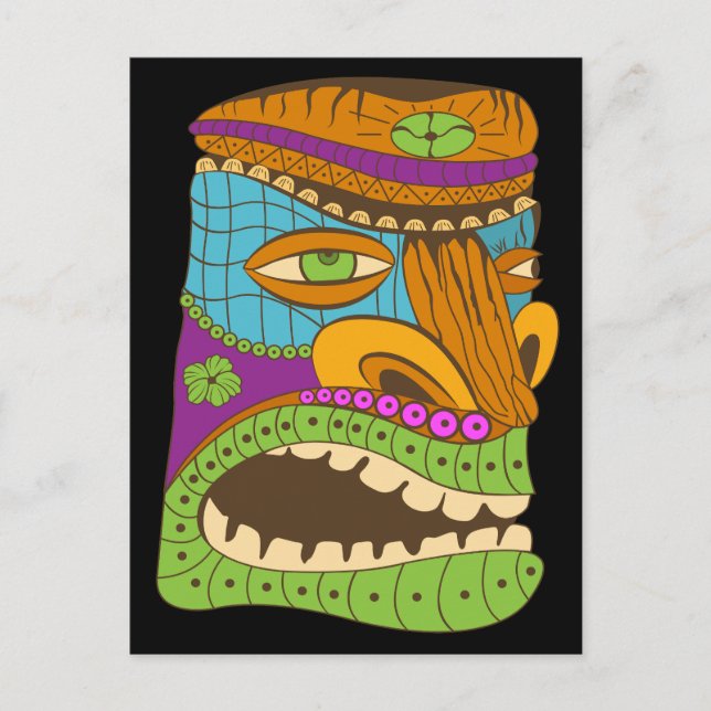 Colourful Tiki Head in Exotic Mood, Black Postcard (Front)