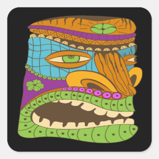 Colourful Tiki Head in Exotic Mood, Funny Black Square Sticker