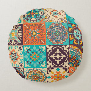 Colourful tiles Azulejos. Traditional Portuguese o Round Pillow