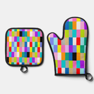 COLOURFUL TILES OVEN MITTS MITT & POT HOLDER SET