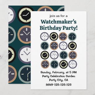 Colourful Time Clock Pattern Watchmaker Birthday Invitation