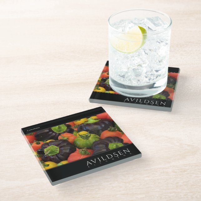 Colourful Tomato & Purple Bell Pepper Medley Glass Coaster (Angled)