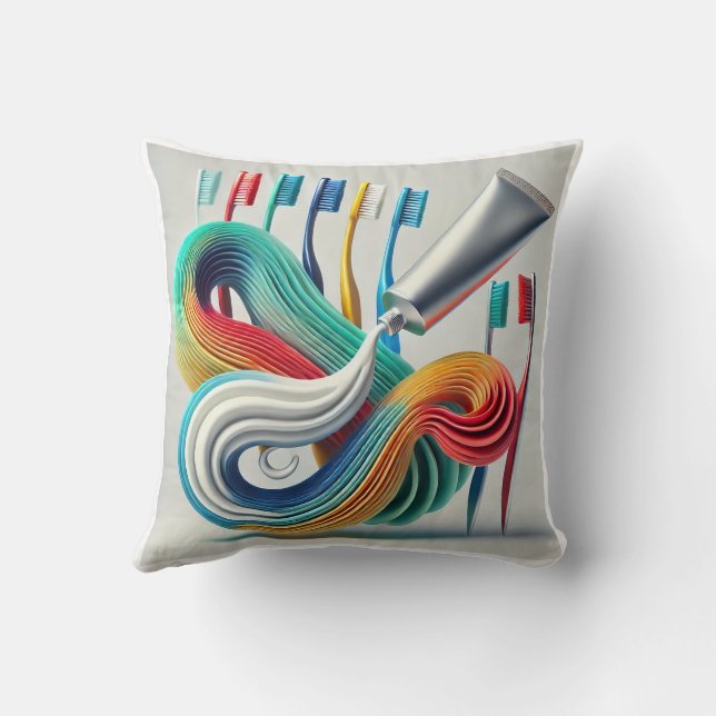 Colourful Toothpaste & Toothbrush Abstract Art Throw Pillow (Back)