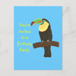 Colourful Toucan Birthday Invitations on postcards