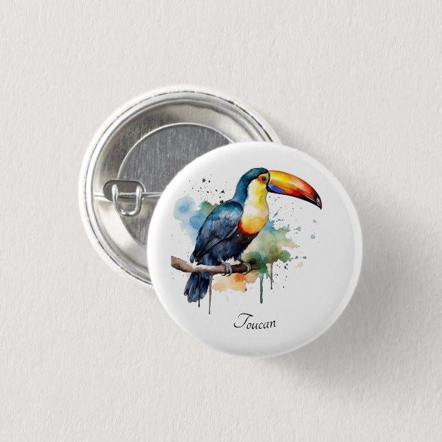 colourful toucan sitting on a  branch 1 inch round button (Front & Back)