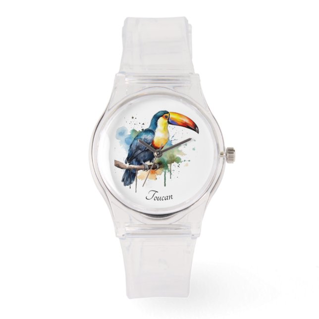 colourful toucan sitting on a  branch, customizabl watch (Front)