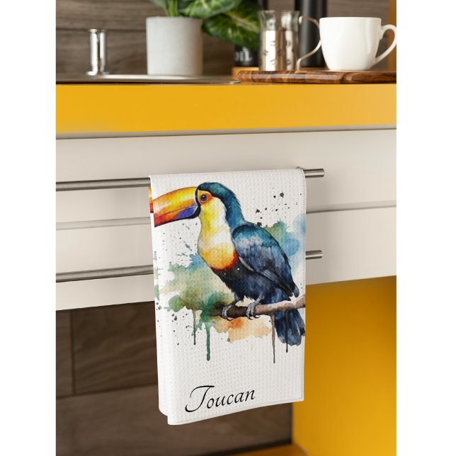 colourful toucan sitting on a  branch kitchen towel (Creator Uploaded)