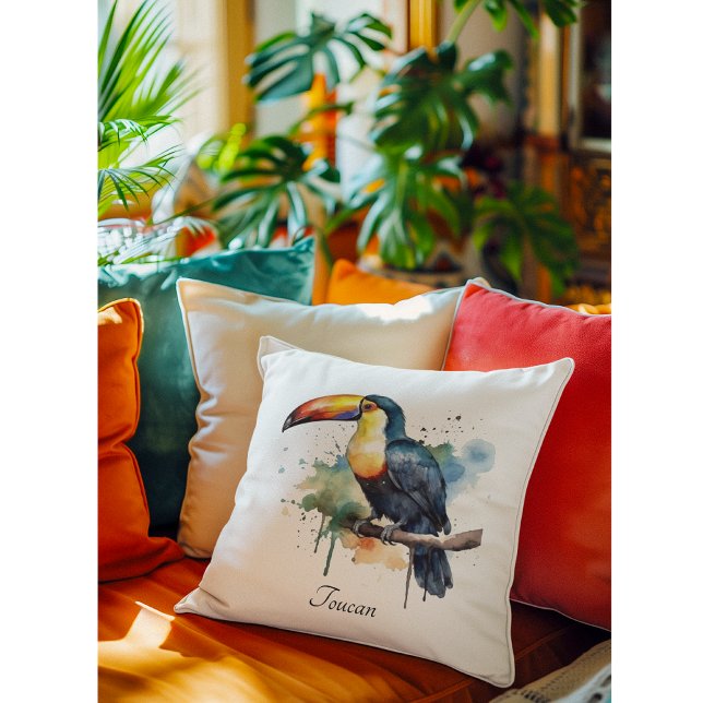 colourful toucan sitting on a  branch throw pillow (Creator Uploaded)