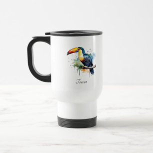 colourful toucan sitting on a branch travel mug