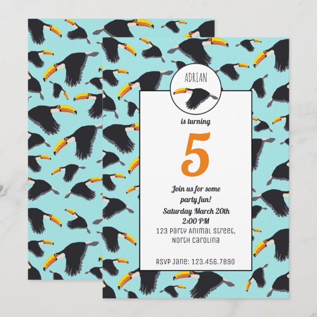 Colourful Toucan Tropical Bird Pattern Birthday Invitation (Front/Back)