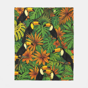 Colourful Toucans Tropical Jungle Leaves Hibiscus Fleece Blanket