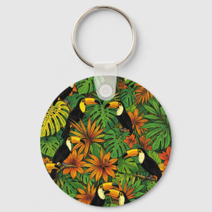 Colourful Toucans Tropical Jungle Leaves Hibiscus  Keychain