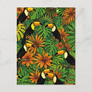Colourful Toucans Tropical Jungle Leaves Hibiscus Postcard