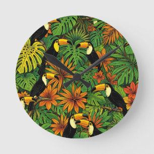 Colourful Toucans Tropical Jungle Leaves Hibiscus Round Clock