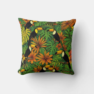 Colourful Toucans Tropical Jungle Leaves Hibiscus Throw Pillow