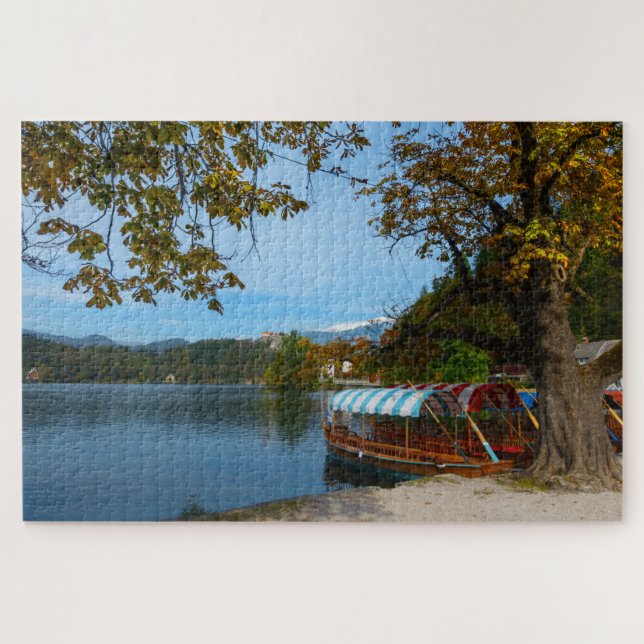 Colourful tourist boats in Lake Bled in fall Jigsaw Puzzle (Horizontal)